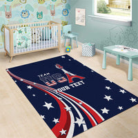 Blue star area rug with red-white stripes, Eiffel Tower graphic and custom text