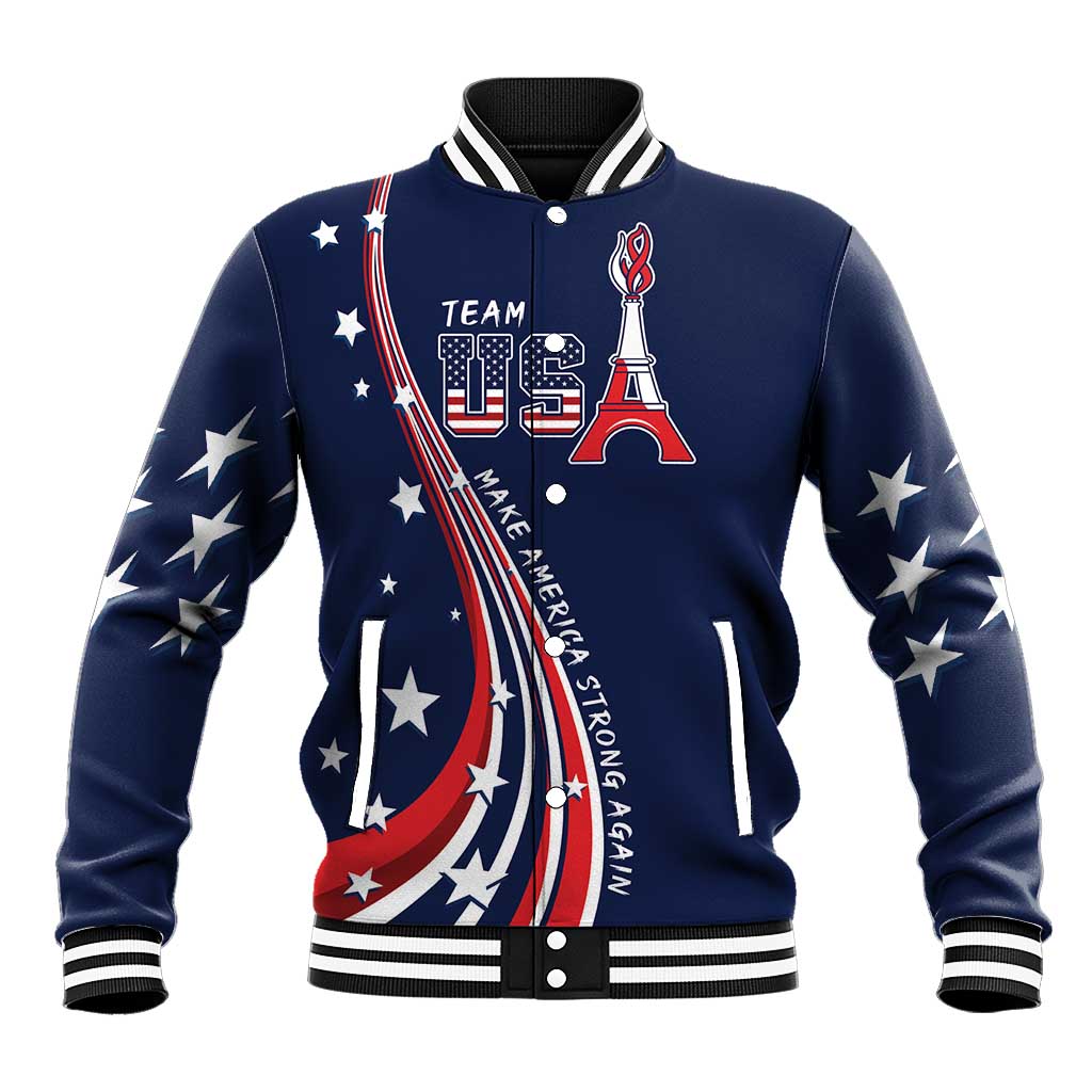 Navy baseball varsity jacket with button front, stars and ribbon graphic, striped collar