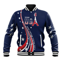 Navy baseball varsity jacket with button front, stars and ribbon graphic, striped collar