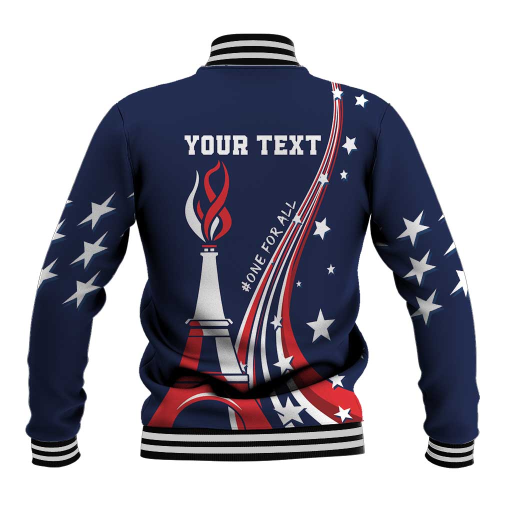Navy baseball jacket back with 'YOUR TEXT' and flame torch graphic, striped rib hem