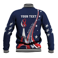 Navy baseball jacket back with 'YOUR TEXT' and flame torch graphic, striped rib hem