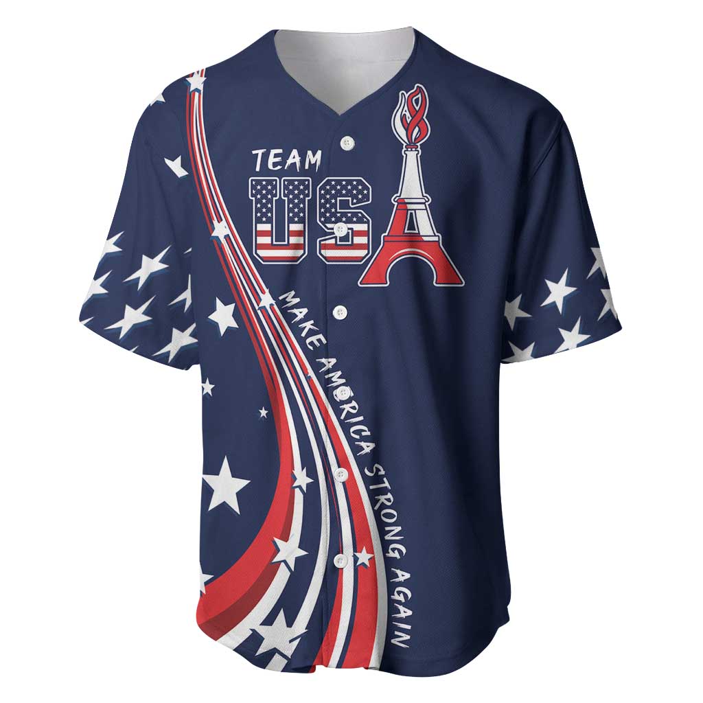 Navy baseball jersey front with TEAM USA logo, torch, star sleeves and Eiffel Tower