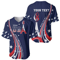 Navy baseball jersey set, front and back with USA graphics, torch, stars, Eiffel Tower