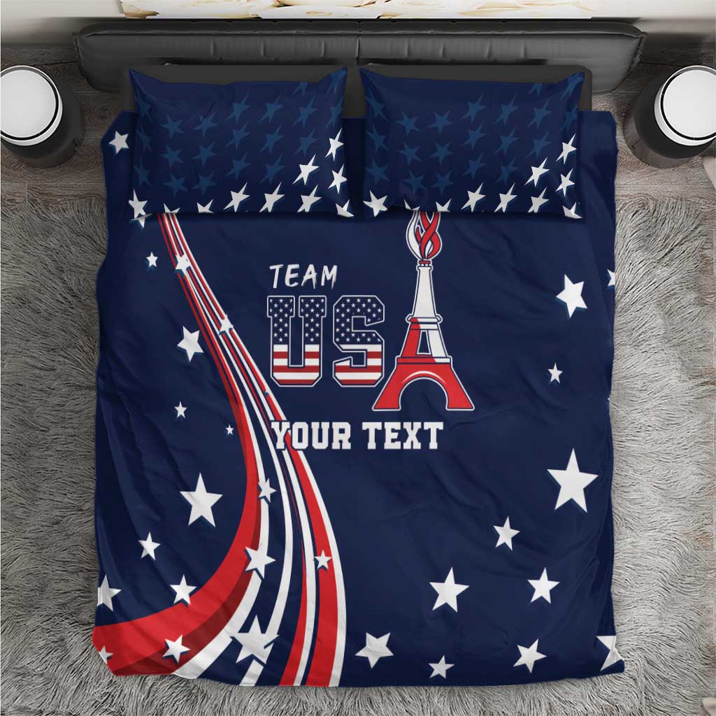Blue comforter and pillow set with Team USA stars and Eiffel Tower graphic