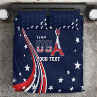 Blue comforter and pillow set with Team USA stars and Eiffel Tower graphic