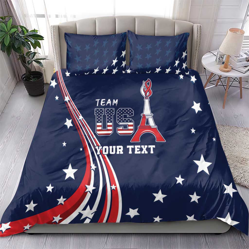 Blue Team USA bedding set with stars, patriotic stripes, and two matching pillows