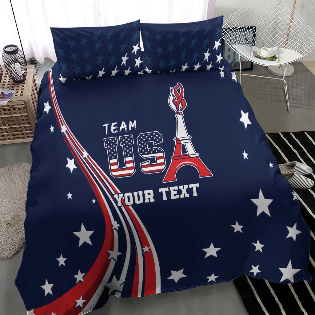 Blue comforter with Team USA stars and Eiffel Tower design, with two pillow covers
