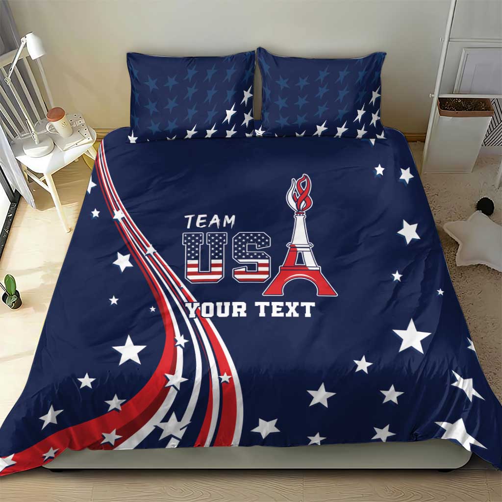 Blue bedding set featuring Team USA text, stars, and red-white-blue patriotic stripe graphic