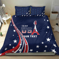 Blue bedding set featuring Team USA text, stars, and red-white-blue patriotic stripe graphic