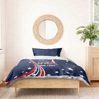 Blue bedding set with star pattern and USA-themed graphic, featuring pillow covers