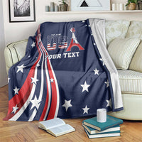 Blue fleece blanket with USA flag graphic, Team USA emblem, and custom text