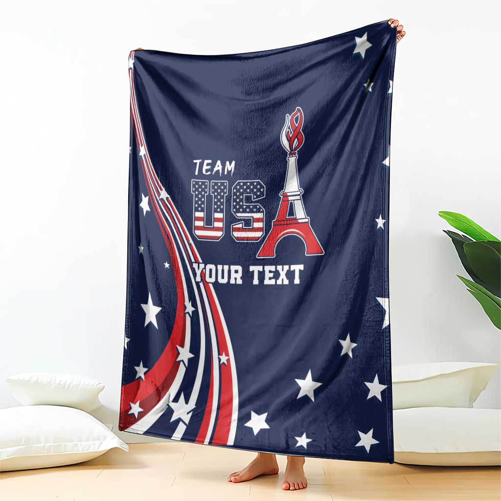 Blue USA blanket draped on sofa with flag sweep, Team USA emblem, and custom text