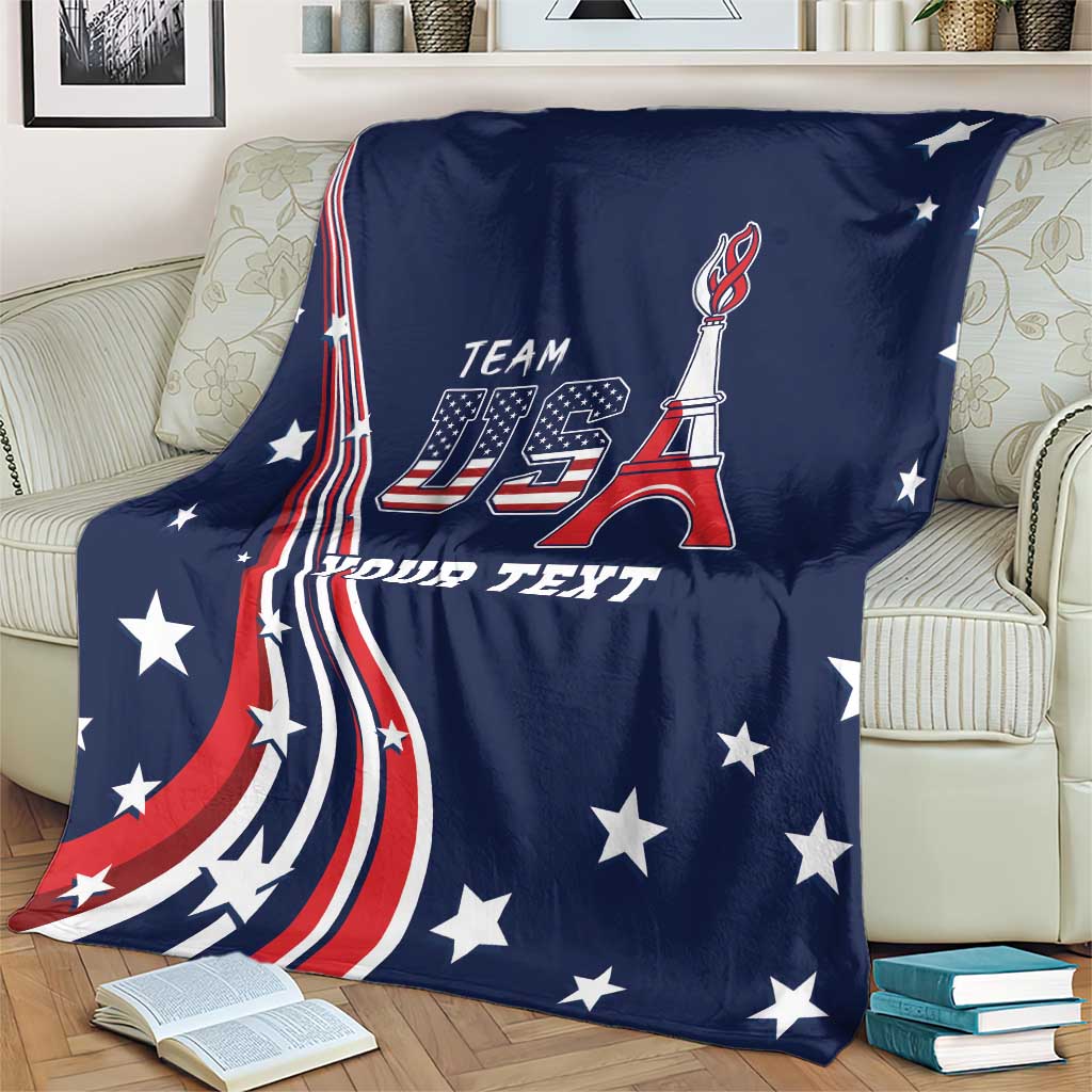 Blue blanket with USA flag-themed graphics, Team USA logo, and custom text