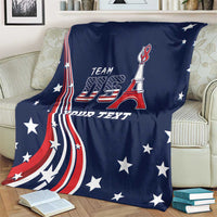 Blue blanket with USA flag-themed graphics, Team USA logo, and custom text