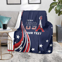 Blue USA blanket spread on living room seating with Team USA emblem and custom text