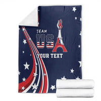 Blue fleece USA blanket folded with USA flag graphic, Team USA emblem, and custom text