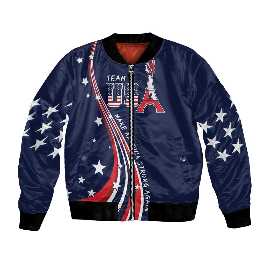 Navy unisex bomber jacket with front zipper, US stars and Eiffel Tower graphics