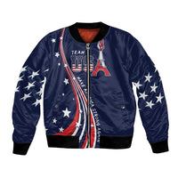 Navy unisex bomber jacket with front zipper, US stars and Eiffel Tower graphics