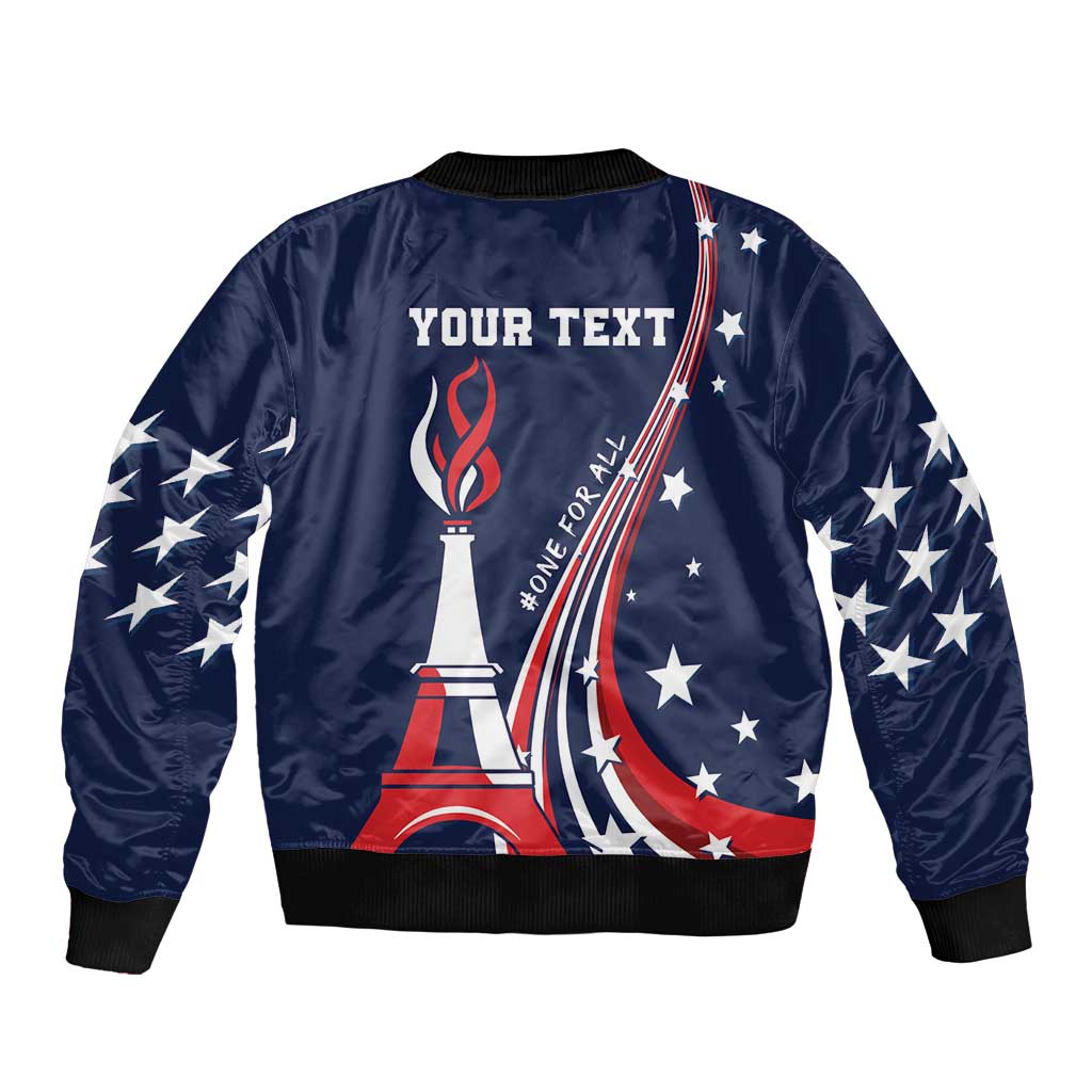 Navy unisex bomber jacket, back with text placeholder and US star sleeve graphics