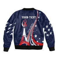 Navy unisex bomber jacket, back with text placeholder and US star sleeve graphics
