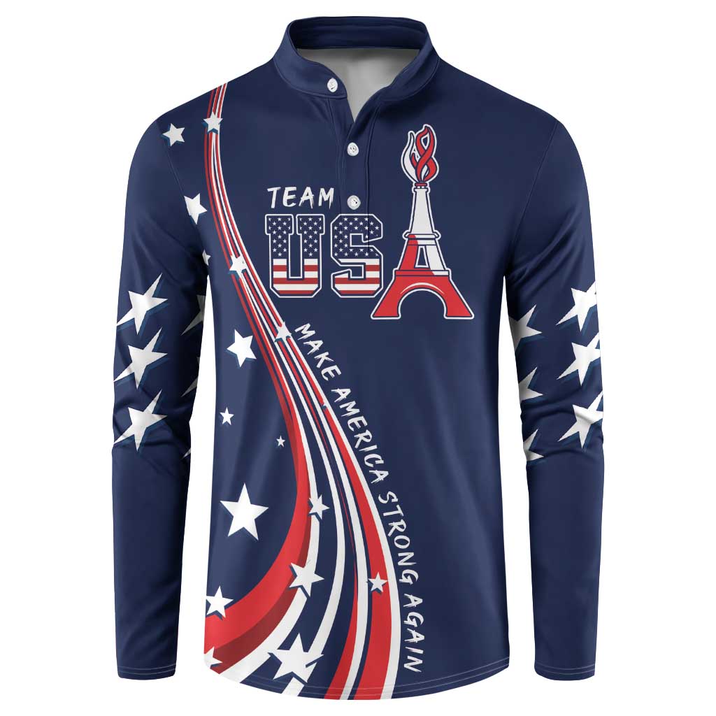Blue button-front sweatshirt with USA stars and torch graphic
