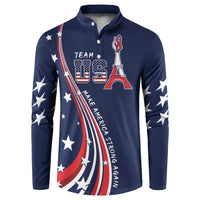 Blue button-front sweatshirt with USA stars and torch graphic