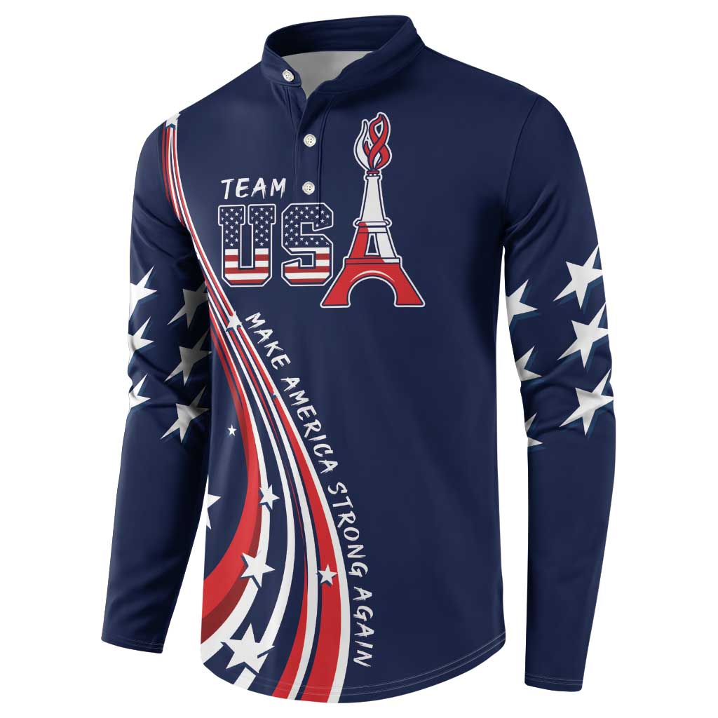 Blue button-front sweatshirt with USA team crest and star sleeve print