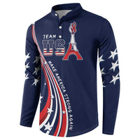 Blue button-front sweatshirt with USA team crest and star sleeve print
