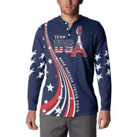 Blue button-front sweatshirt with USA crest and patriotic ribbon graphic