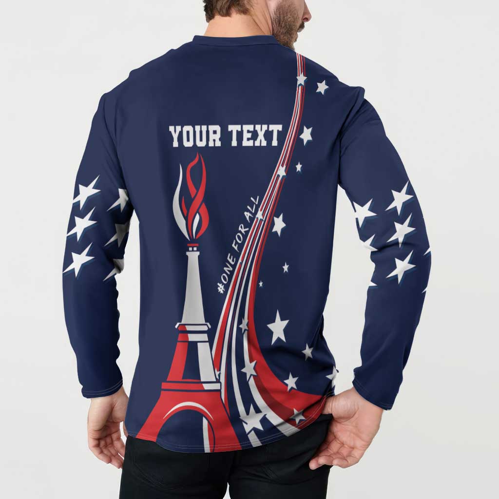 Blue henley sweatshirt back with Eiffel torch graphic and curved USA flag print