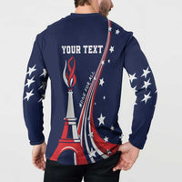 Blue henley sweatshirt back with Eiffel torch graphic and curved USA flag print
