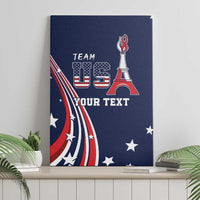 Personalized blue canvas wall art featuring Team USA letters, Eiffel Tower, and Your Text