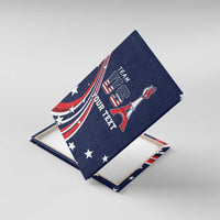 Personalized blue canvas wall art angled view with Team USA, Eiffel Tower, and Your Text