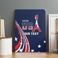 Personalized blue canvas wall art front view with Team USA logo, Eiffel Tower, and Your Text