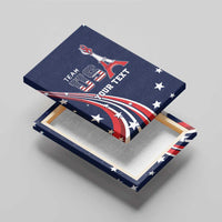 Personalized blue canvas wall art close-up angled with Team USA, Eiffel Tower, and Your Text