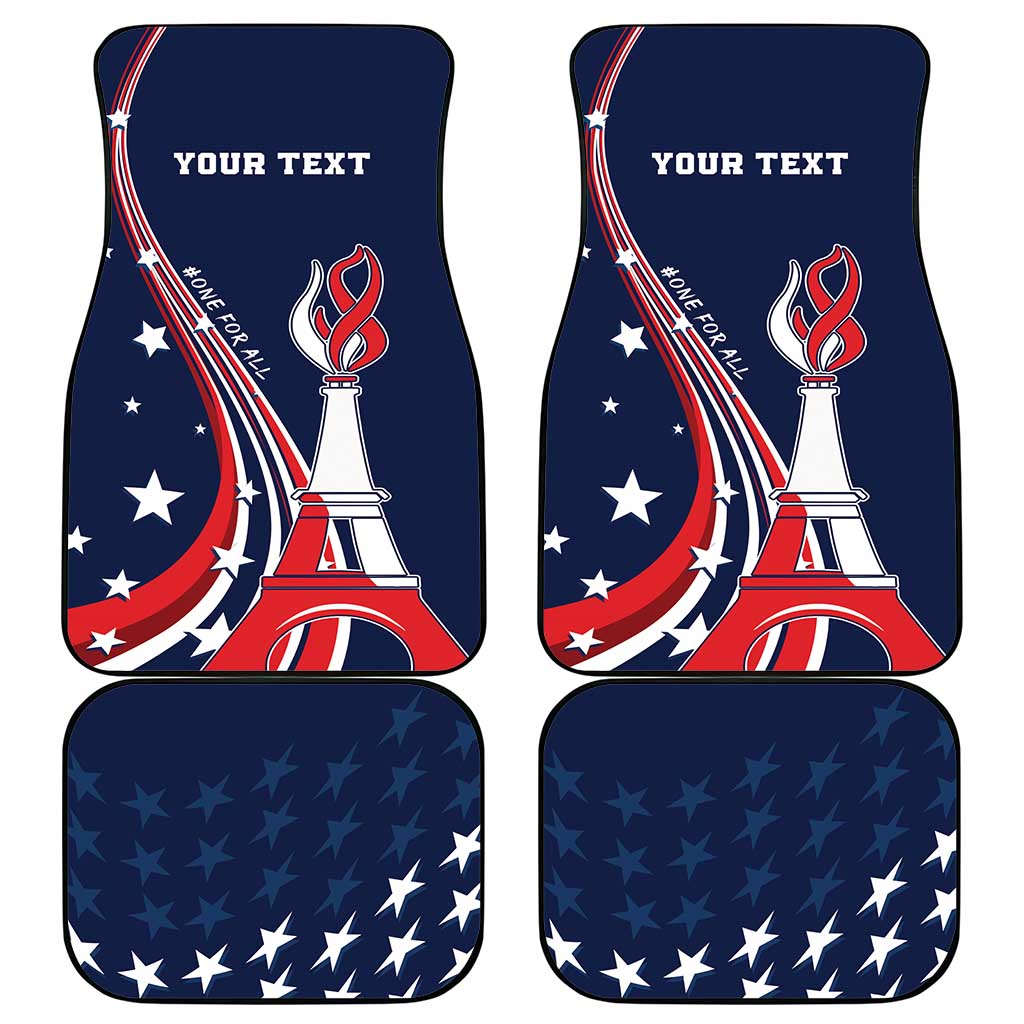 Blue car floor mats with Eiffel Tower, star patterns, and “YOUR TEXT” on each piece