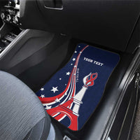 Blue car seat floor mat with Eiffel Tower and stars graphic, custom text centered