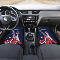 Blue car floor mats set with Eiffel Tower and stars, “YOUR TEXT” on front mats