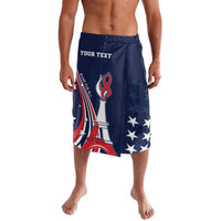 Blue personalized patriotic graphic swim shorts with drawstring waist