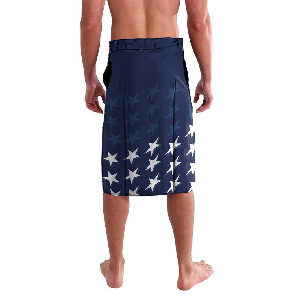 Blue patriotic star pattern swim shorts with drawstring waist and side ties