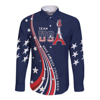 Long-sleeve button shirt in navy blue with Team USA torch and star graphic