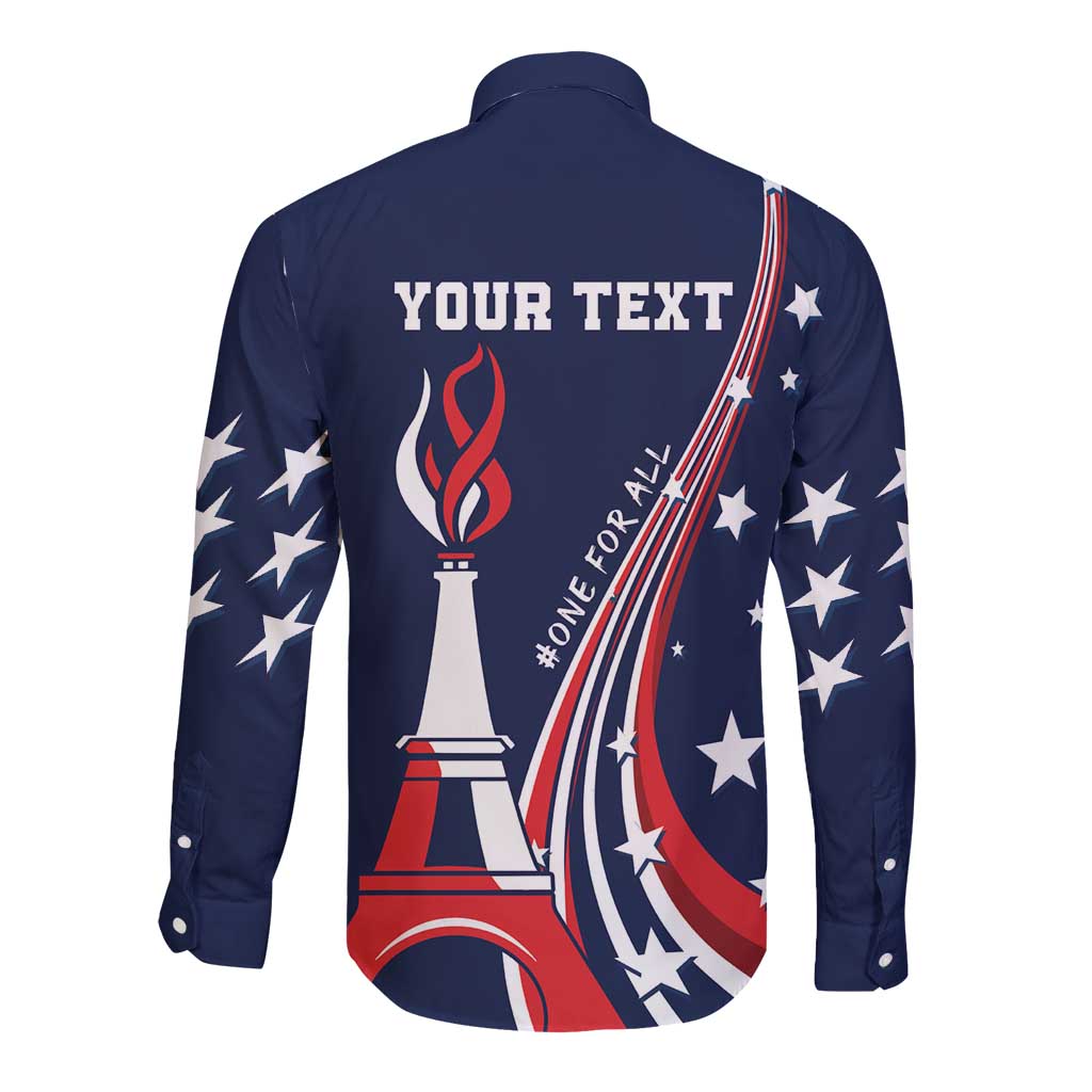 Long-sleeve button shirt in navy blue with back text area and USA star graphic