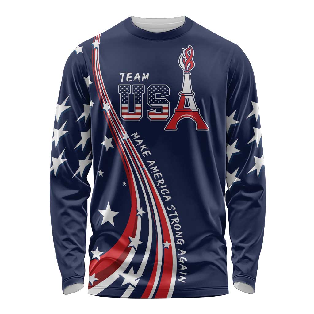 Unisex blue long-sleeve shirt with front USA logo, stars, and torch graphic