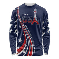 Unisex blue long-sleeve shirt with front USA logo, stars, and torch graphic