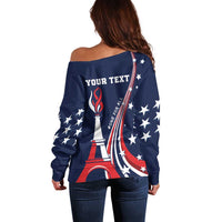 Blue off-shoulder sweater, back view with YOUR TEXT and Eiffel Tower graphic