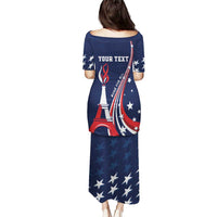 Navy blue long dress with 'YOUR TEXT' print, tower and star pattern, short sleeves
