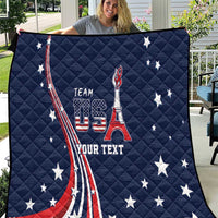 Navy quilt with quilted pattern, stars, and red-white ribbon flag graphic with custom text