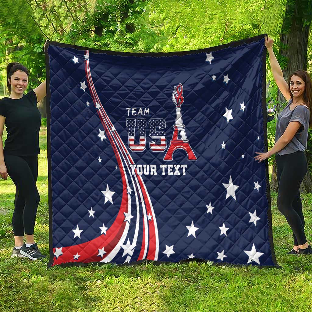 Navy personalized quilt featuring stars and US flag ribbon graphic with “TEAM” and “YOUR TEXT”