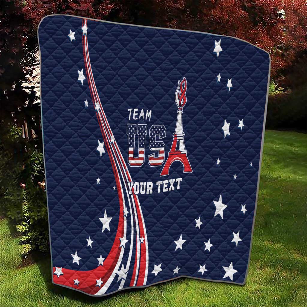 Navy quilt with stars and patriotic flag ribbon design, “TEAM USA” and custom “YOUR TEXT”