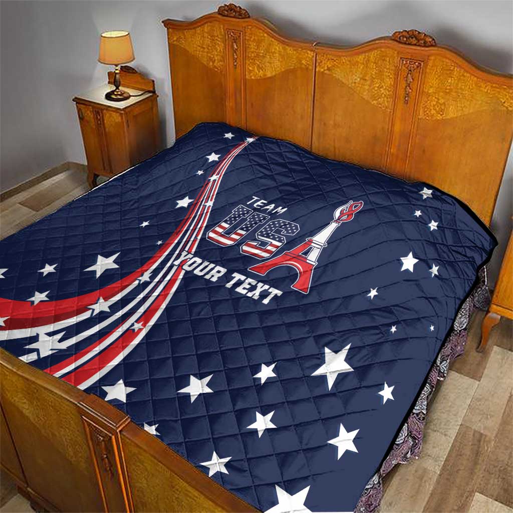 Navy quilt on bed with stars and US flag ribbon graphic, “TEAM USA” and “YOUR TEXT”